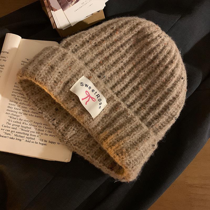 Korean Style Bow Patch Warm Knitted Woolen Hat for Women In Autumn and Winter Cold Hat Showing Face Small Big Head Circumference Hat