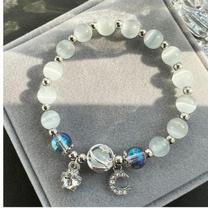 1pc Simple and Fashionable Sweet Girl Star & Moon Crystal Beaded Bracelet