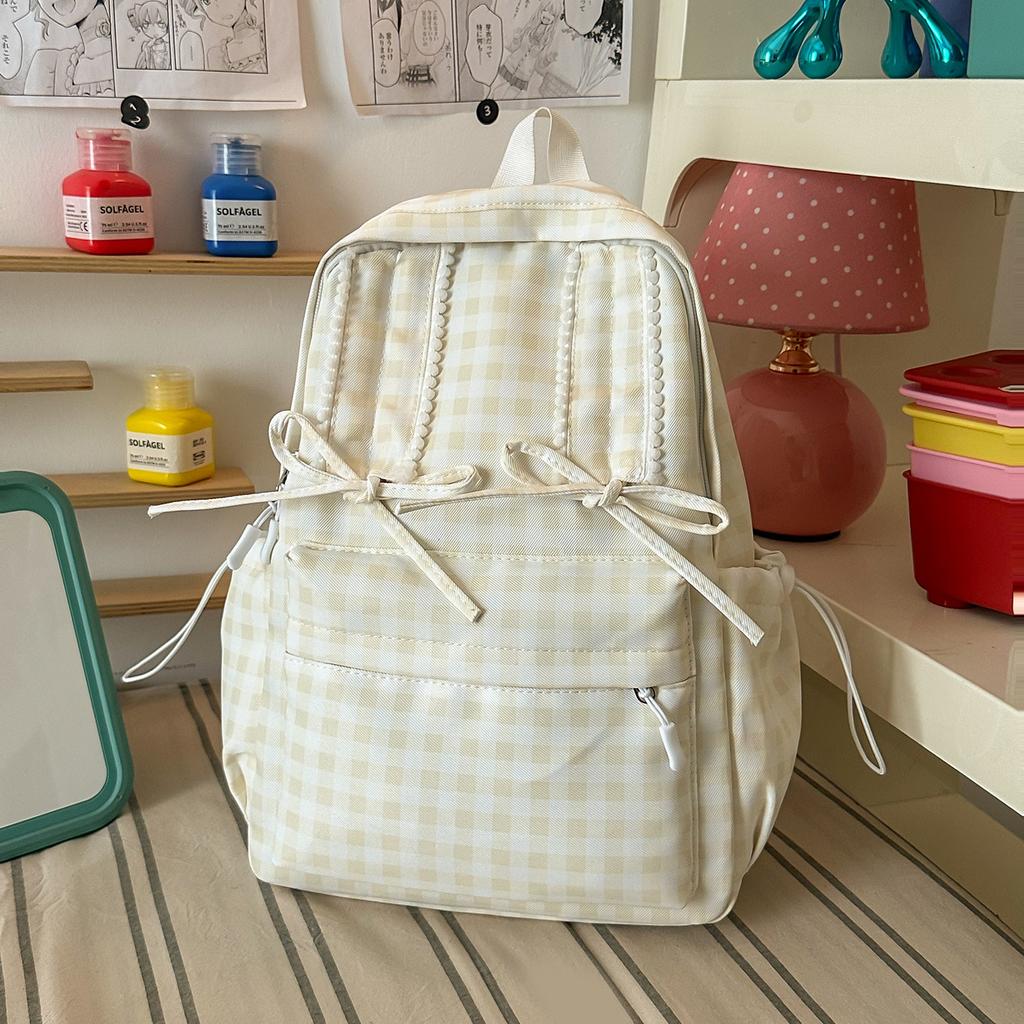 Schoolbag Fresh Light Blue Plaid Bow Girl Heart Backpack Primary School Students Literature Class Shopping Travel Versatile Schoolbag