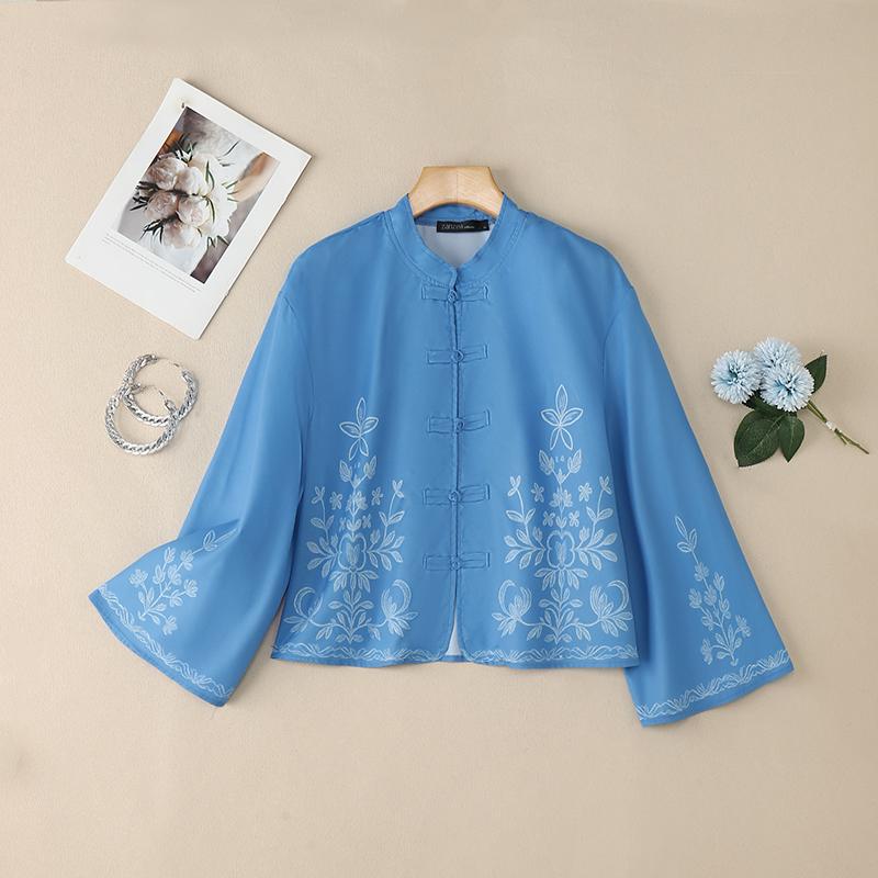 ZANZEA Women Casual Stand Collar Loose Long Sleeve Print Blouse