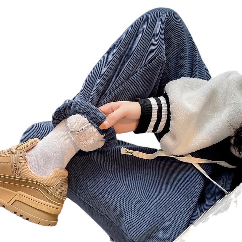 2025 Women's Winter Fleece-Lined Lambswool Sweatpants - Extra Long, Thickened Joggers with Cuffed Corduroy Design