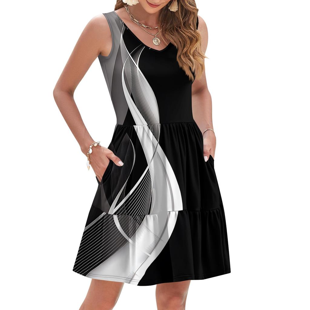 Women's Summer Fashion Casual V-neck Pleated Patchwork Color Block Patchwork Print Sleeveless Pocket Vest Dress