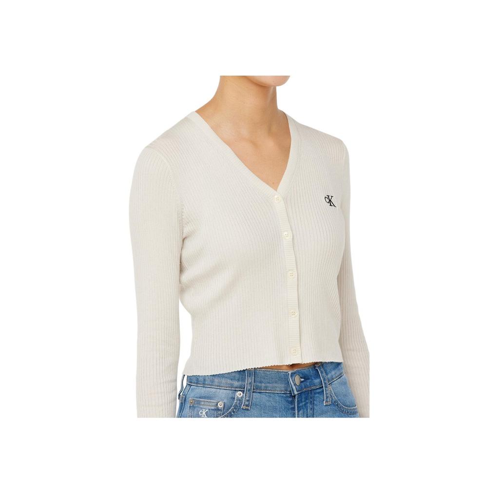 Calvin Klein Jeans Letter Jacquard V-Neck Long Sleeve Knit Top Women Tops Off-White J224287
