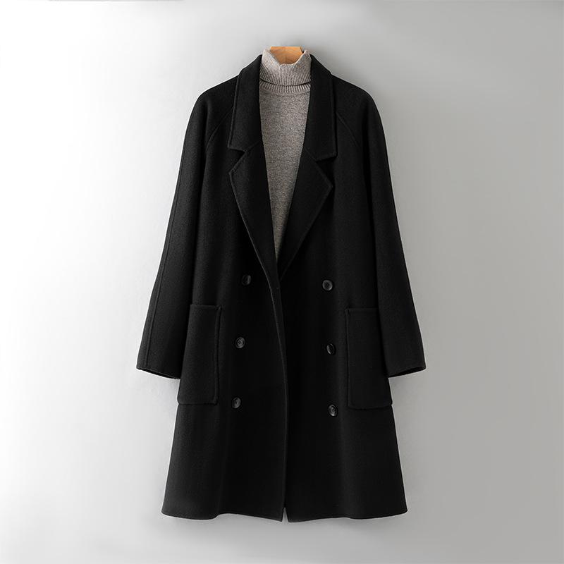 

Двустороннее шерстяное пальто из 100% шерсти, мужское двубортное шерстяное пальто, пальто премиум-класса без кашемира M чёрный