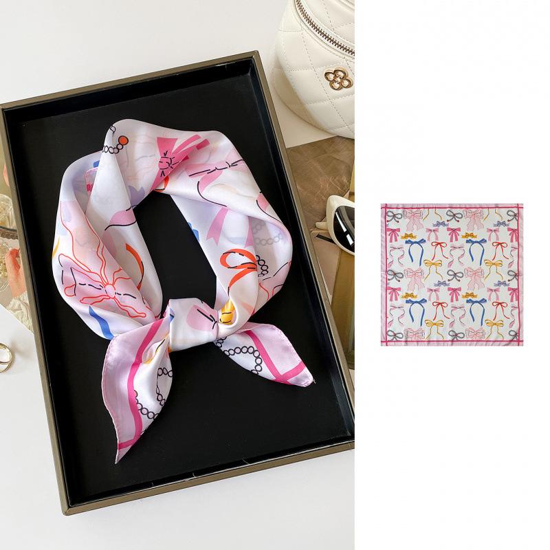 Fresh Color Bow Printing Small Square Scarf Sweet Silk Scarf Versatile Decorative Scarf Scarf Scarf Supply