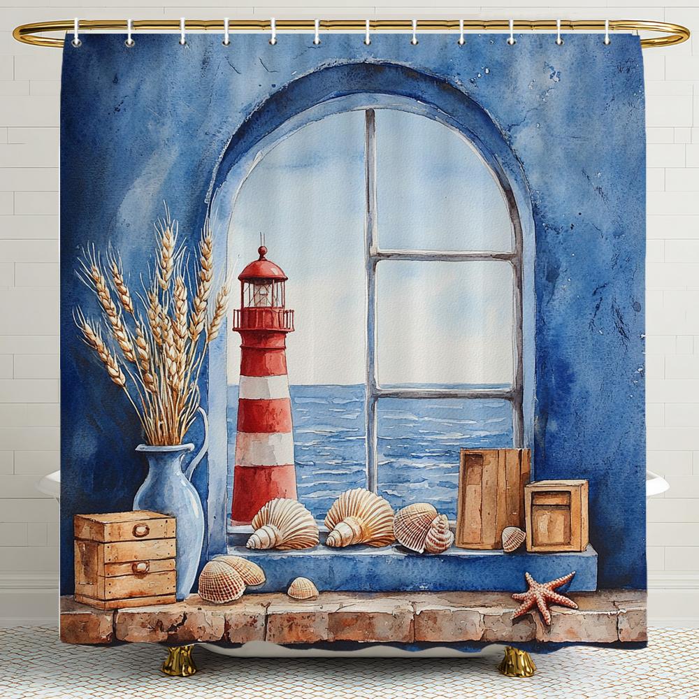 

Watercolor Blue Window Ocean Lighthouse Shell Shower Curtain Shower Curtain, Bathroom Decorative Shower Curtain With Hooks W60H190(CM)-1 Pcs