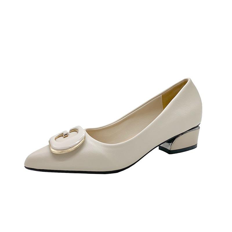 Pointed head shallow mouth single shoes women's new spring thick heel soft leather surface low heel square root letter square buckle fashion shoes
