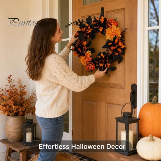 Gotisches Totenkopf-Ornament Halloween-Kranz für Haustür, Künstlicher Herbst-Ahornblatt-Rosen-Kürbis Vollkranz, Herbsternte Hängende Danksagung