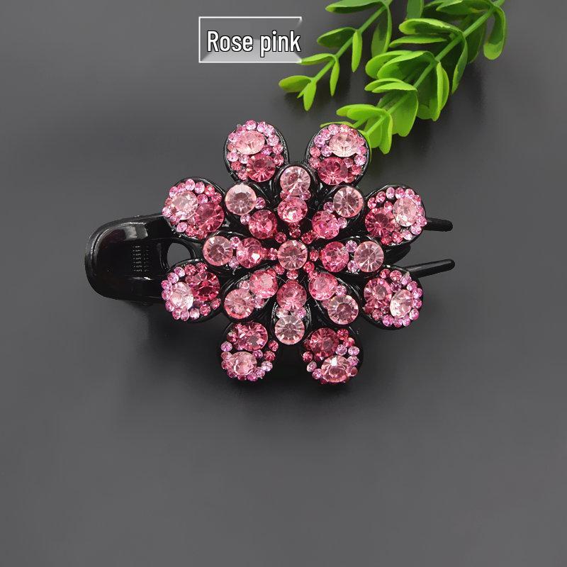 Rhinestone Flower Three-Prong Updo Hair Clip - Elegant Back-of-Head Claw Hair Accessory Natural роза розовый
