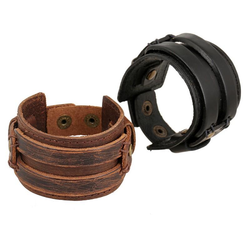 Mens Vintage Punk Leather Bracelet Handmade Multi-Layer Geometric Cuff Biker Style Jewelry Accessories