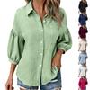 Womens Button Down Long Sleeve Blouse Fabric Loose Fit Shirt Collared Top with Puff Sleeves for Casual Wear