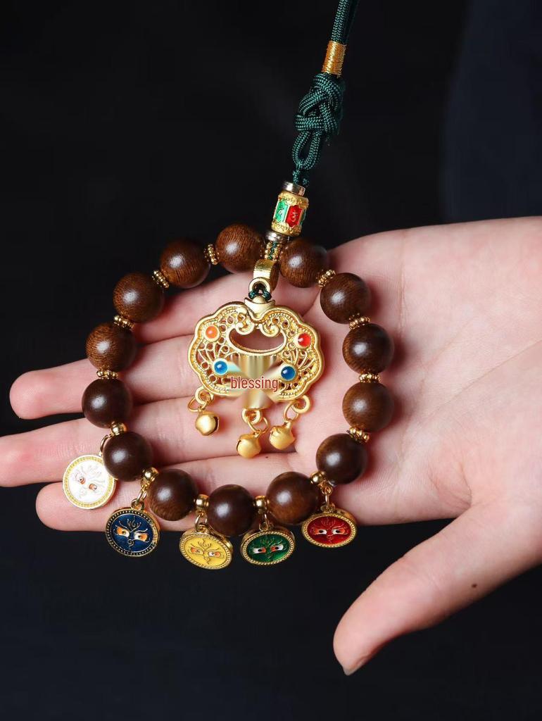 Fuson Red Soil Agarwood Car Pendant with God of Wealth & Peace Lock - Sinking Grade Beads Jewelry