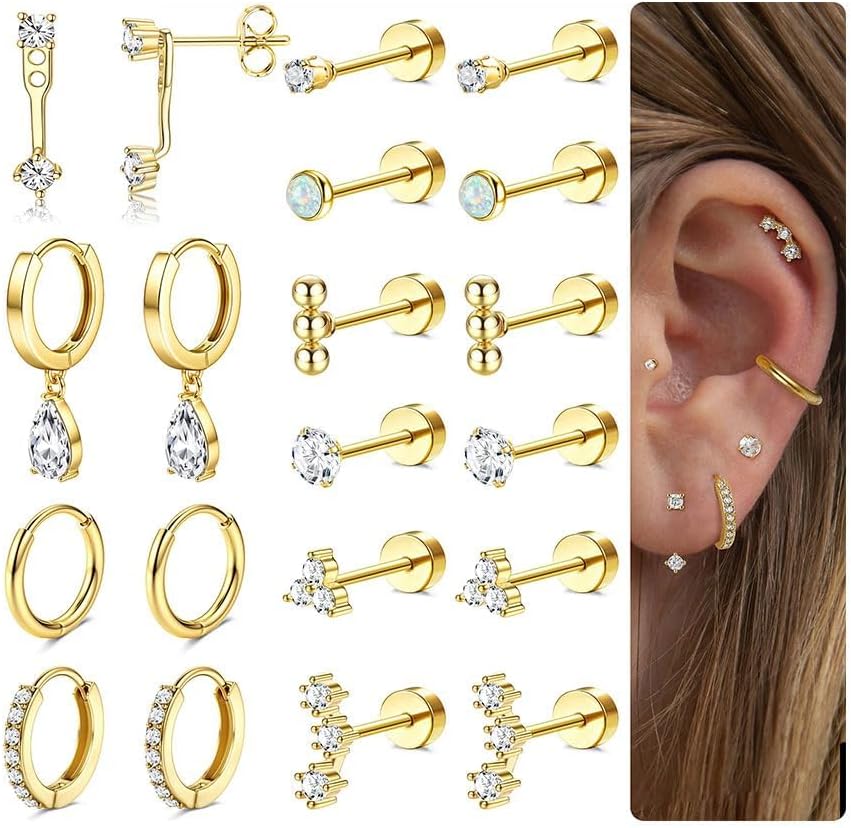 10 Pairs Hypoallergenic Flat Back Earrings for Women 18K Gold 20G Surgical Stainless Steel Cartilage Multiple Piercing Earrings