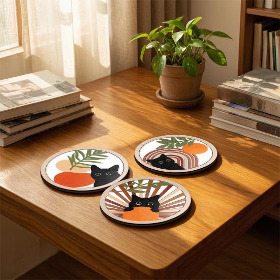 4Pcs Healing Black Cat Wooden Coaster, Creative Heat Insulation Mat, Anti Slip Thickened Desk Protector for Coffee Cup