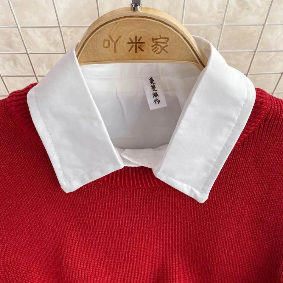 Modă Nouă Coreeană Doamnă de Birou Rever Mâneci Felinar Cămașă Albă + Vestă Tricotată cu Gât în V Set Casual Două Piese Haine Femei