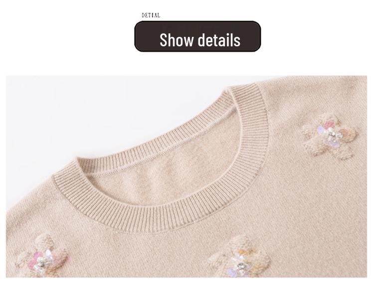 100% Pure Wool Women's Embroidered Round Neck Knitted Sweater - Autumn/Winter Fashion, Loose Fit, Plus Size