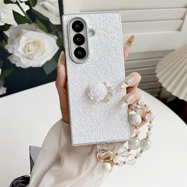 Applicable To Samsung ZFold7 Folding Glitter Mobile Phone Case, Rhinestone Rose ZFold6 Hand Hanging Chain, Japanese and Korean Protective Case