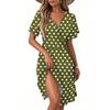 Women Wrap V Neck Polka Dot Short Sleeve Midi Dress with Ruffle Hem and Adjustable Waist Tie for Casual Wear