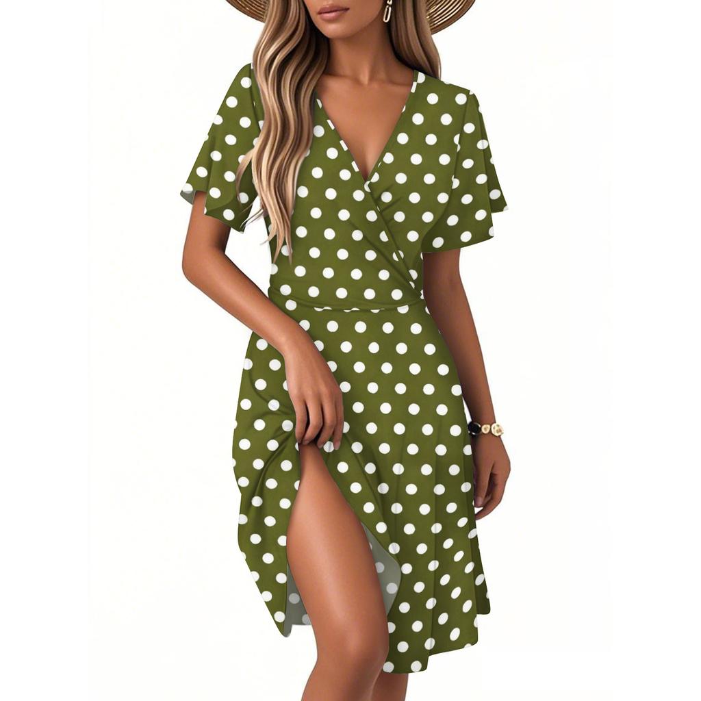 Women Wrap V Neck Polka Dot Short Sleeve Midi Dress with Ruffle Hem and Adjustable Waist Tie for Casual Wear