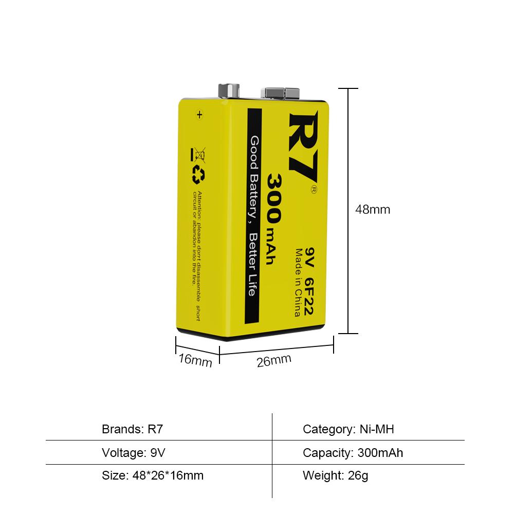 R7 9V 300mAh Rechargeable Batteries for Wireless Microphones, Guitars with EQ, Smoke Alarms, and Multimeters