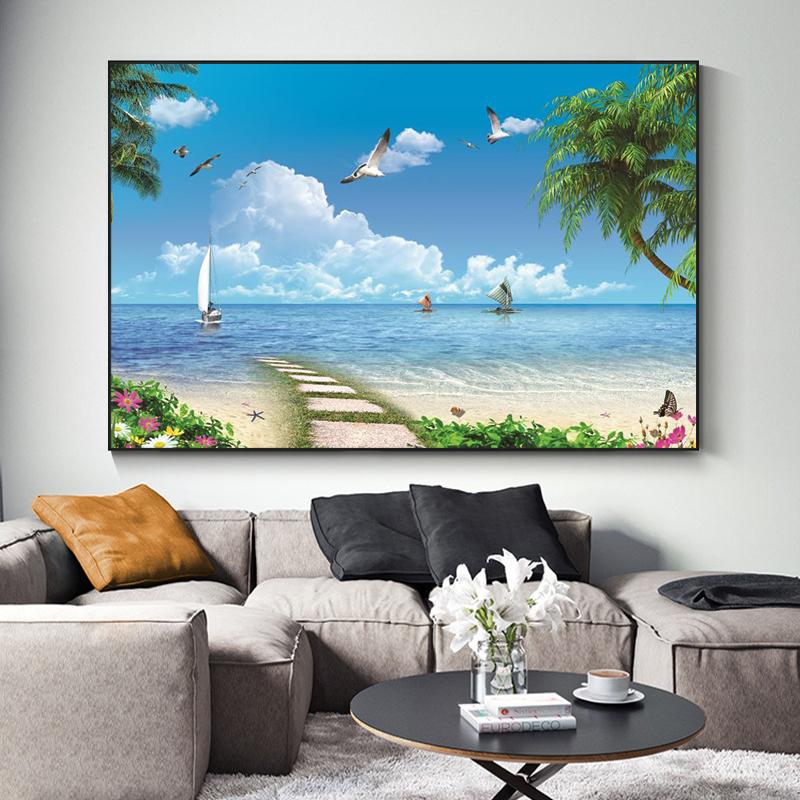 Tableau Moderne 5 Parties - Mer Océan Plage - Toile 200x100 Cm - Neuf