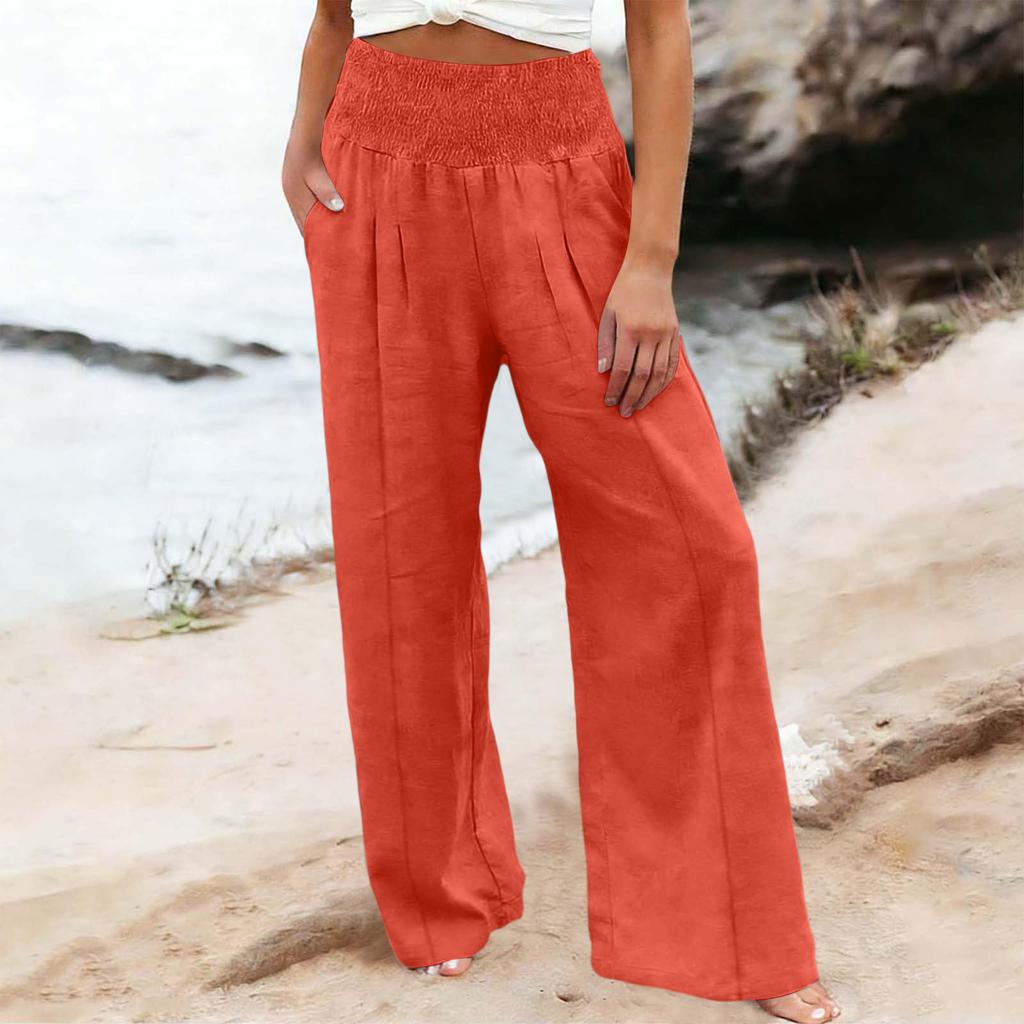 Women's Casual Fashion Cotton Linen Elastic Waist Pants With Pockets