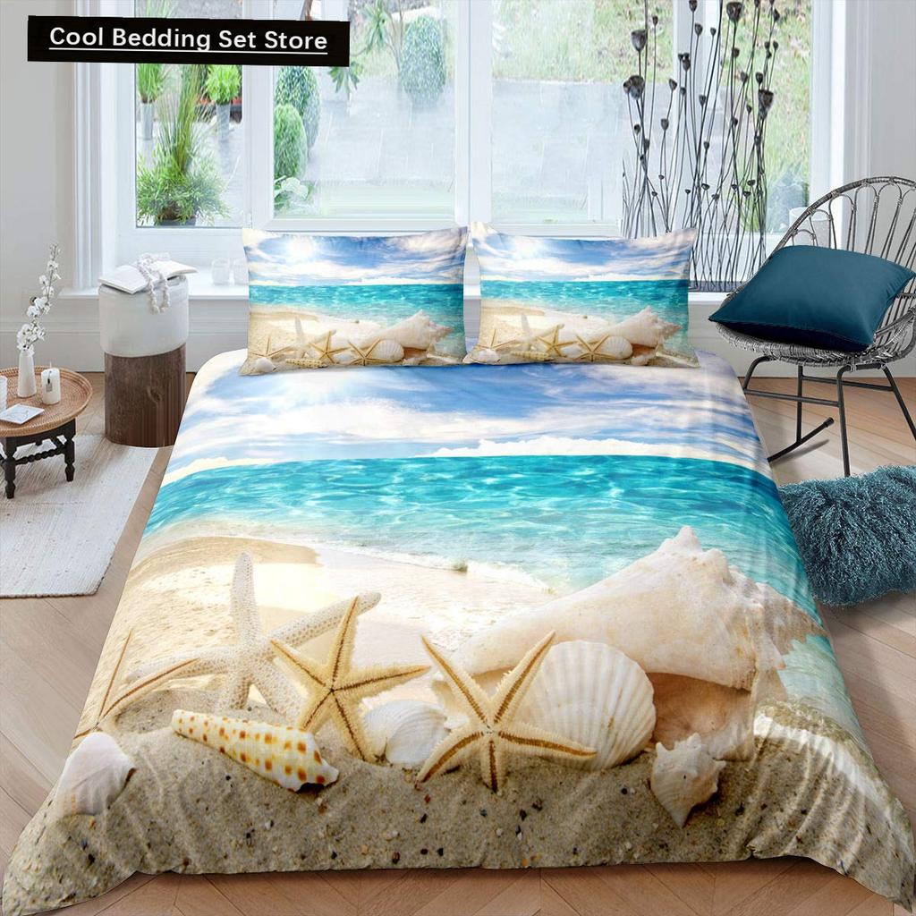 Beach Starfish Seashell King Queen Duvet Cover White Ocean Creatures Bedding Set Hawaii Quilt Cover Polyester Comforter Cover