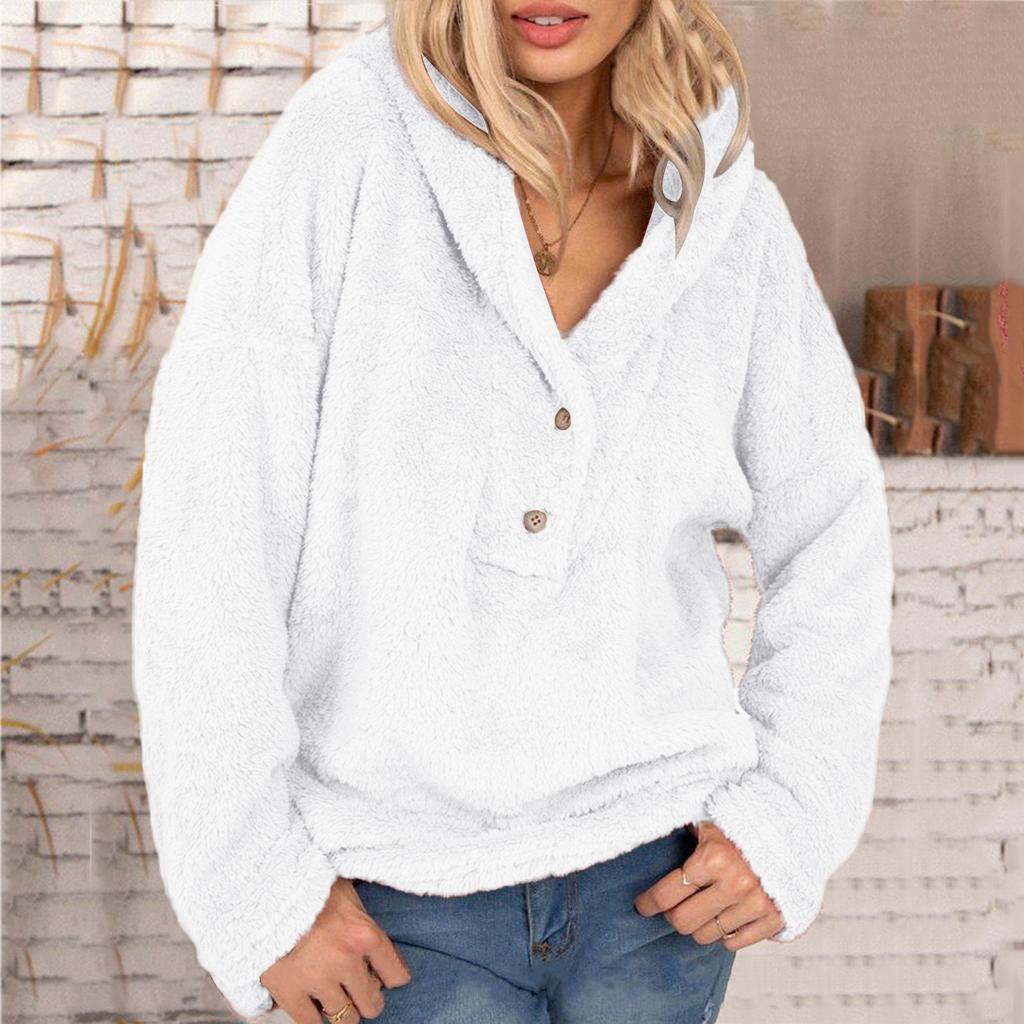 Women Casual Plus Size Loose Hoodie Plush Button Solid Color Loose Sweater Top