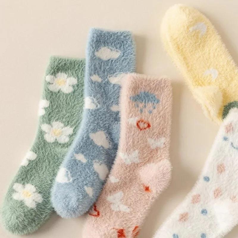 Winter Snug Plush Warm Socks Women Cartoon Thermal Middle Tube Sock Girls Feet Protection Bright Color Soft Thick Lining Hosiery