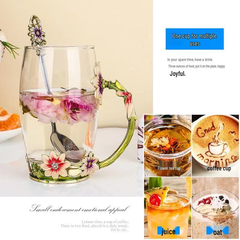Chrysanthemum Enamel Glass Tea Cup - Lead-Free Crystal Coffee Cup Gift