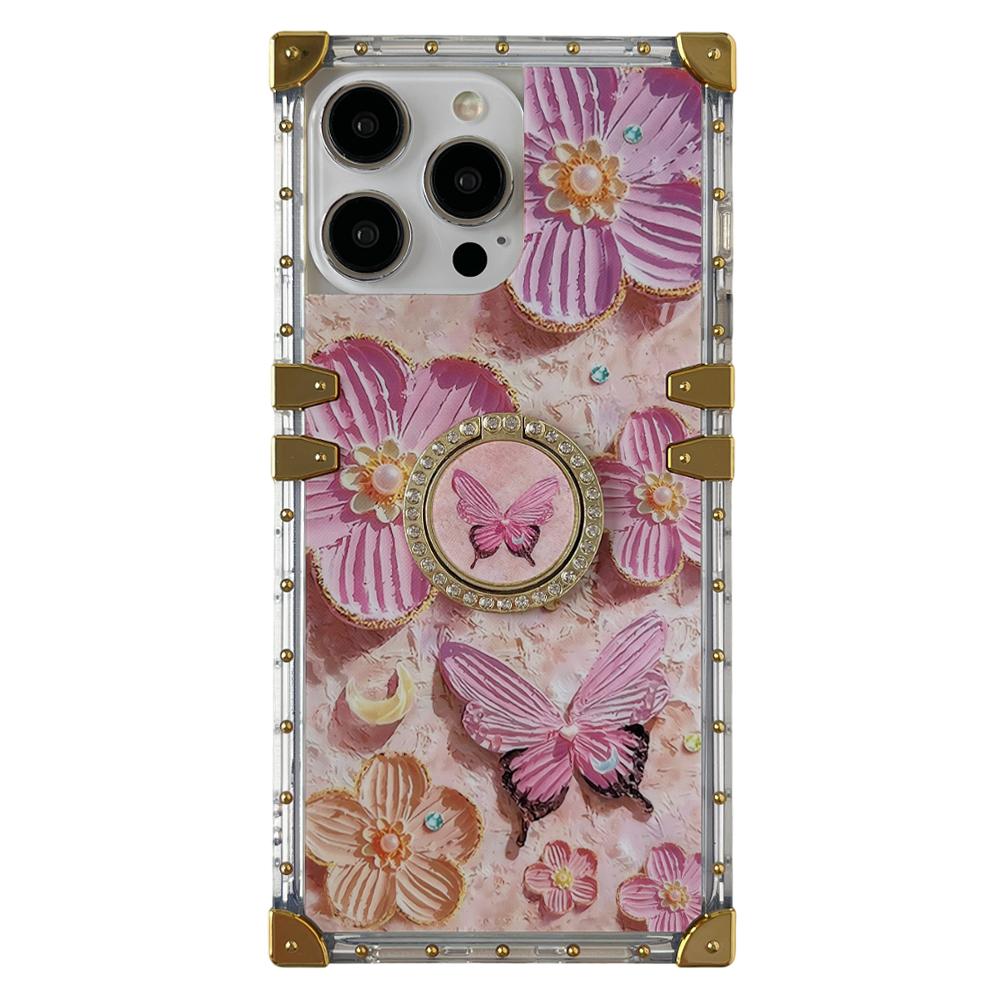 

For iPhone 16 Pro Case Stylish Flower Butterfly Pattern Ring Kickstand TPU + PC Phone Cover A