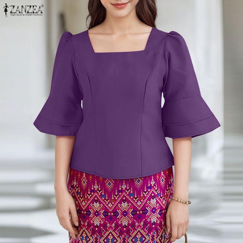 ZANZEA Women Casual Square Collar Flare Half Sleeve Summer Blouse