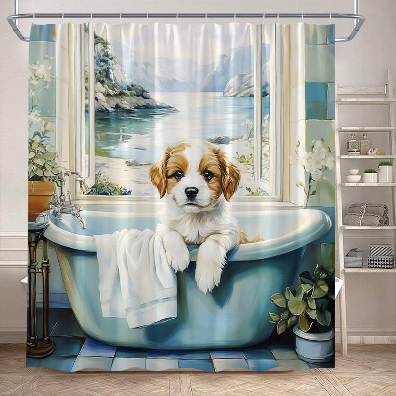 Funny Bathing Dogs Shower Curtain Bathtub Wash Your Paws Cute Pet Cartoon Animals Bath Curtains Fabric Bathroom Decor with Hooks