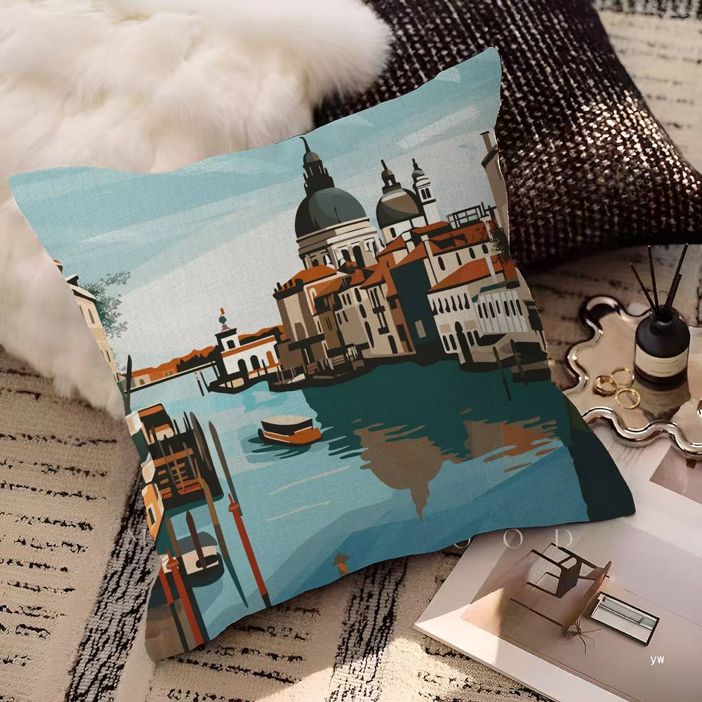Coffee Shop City Bakery Illustration Decorative Room Aesthetics Pillow Case Home Decor Bedroom Sofa Bed Couch Pillow Cover 45x45