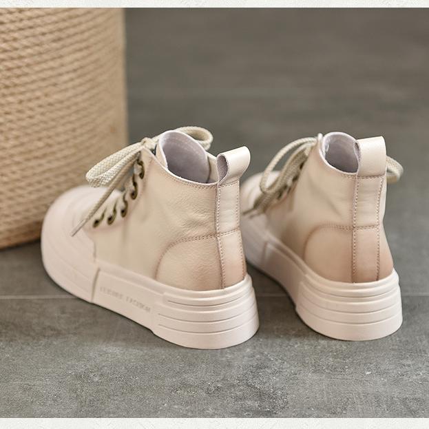 Johnature Genuine Leather Flat Platform Shoes Casual Round Toe Thick Soled Shoes Versatile Lace Up Short Boots