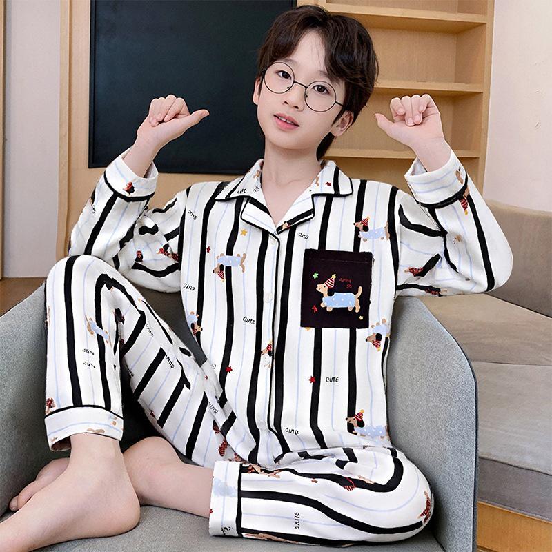 Spring/Summer Boys' Long Sleeve Thin Pajama Set - Cartoon Design for Medium/Large Kids & Teens