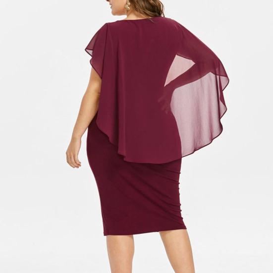 O-Neck Short Sleeve Chiffon Shawl Pleated Decor Women Dress Solid Color Plus