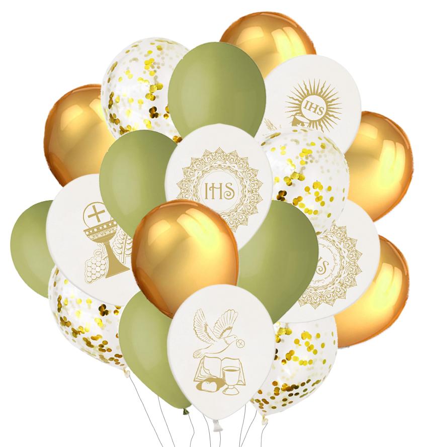 Balony Komunia Komunijne Złote Zielone Boho 20Szt.