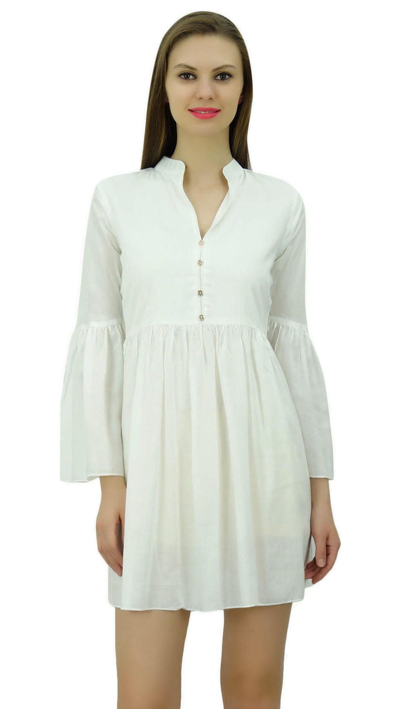 

Bimba Women Designer Short Boho Dress With Gathers On Waist & Ruffle Sleeves 8 білий