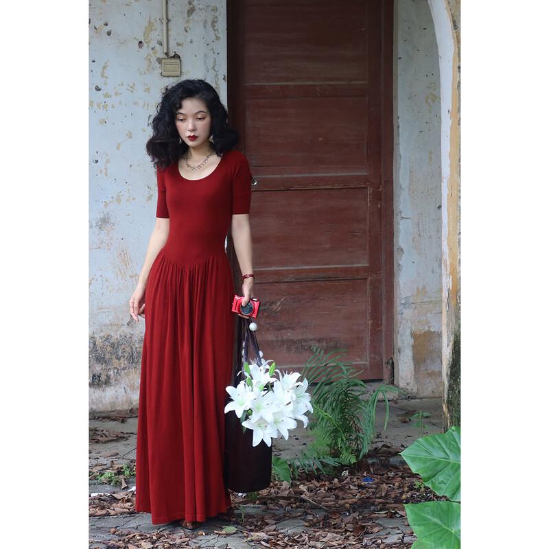 

JK&JS French Retro U-neck Knitted A-line Dress One Size