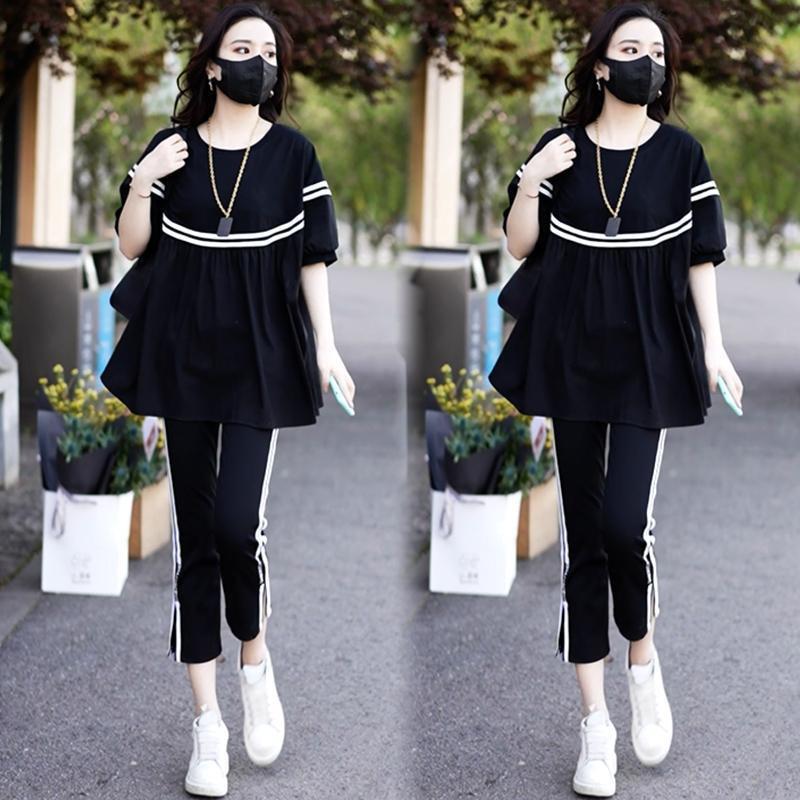 Casual Suit for Women, Summer, Korean Version, Loose, Slimming, Belly-covering, Stylish, Fashionable Sportswear Two-piece Set