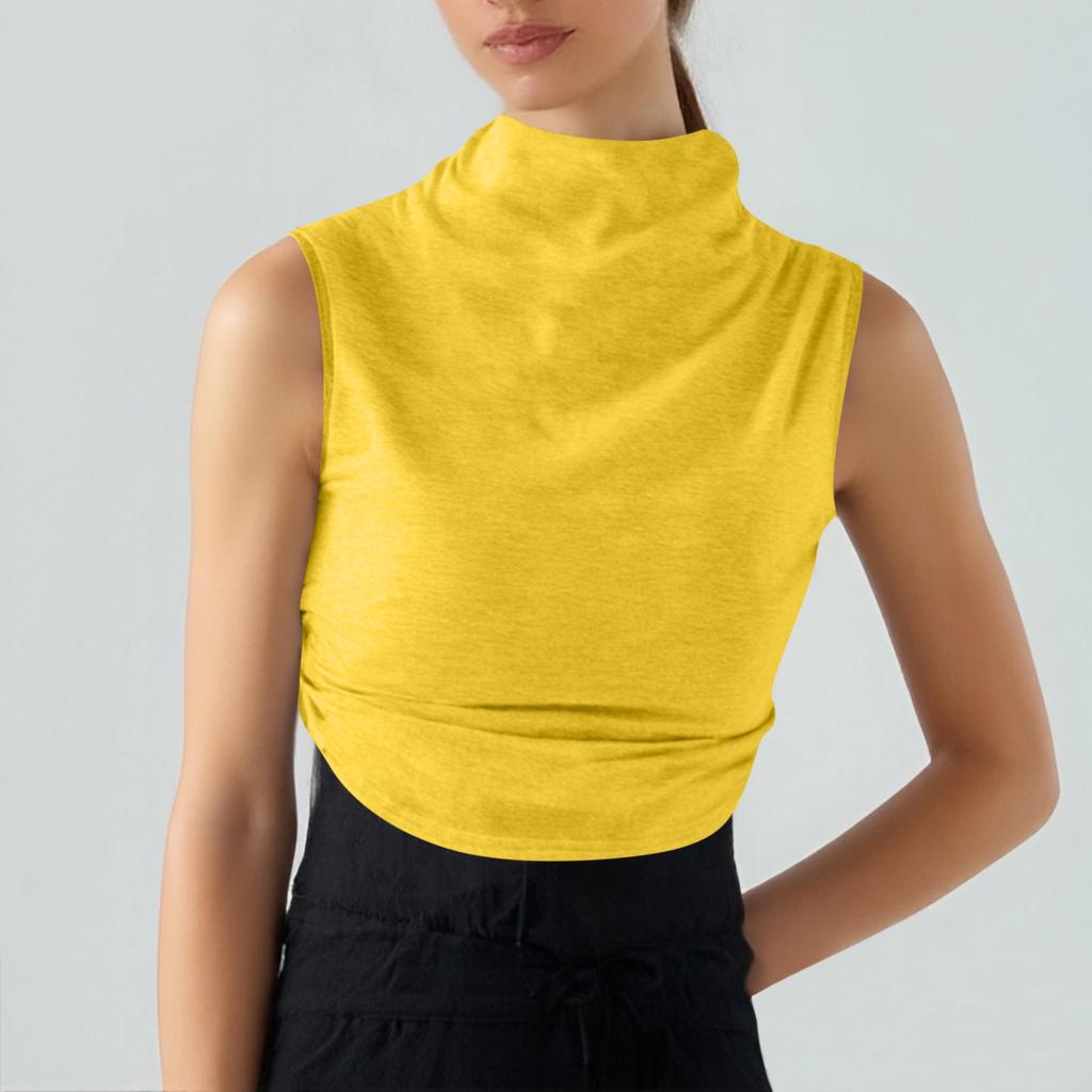 Women's Solid Color Semi-high-neck Sleeveless Vest Pleated  Top T-shirt