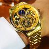 Gold Vintage Moon Phase Automatic Watch for Men Tourbillon Skeleton Luminous Hands Luxury Brand Mechanical Watches Steel Strap