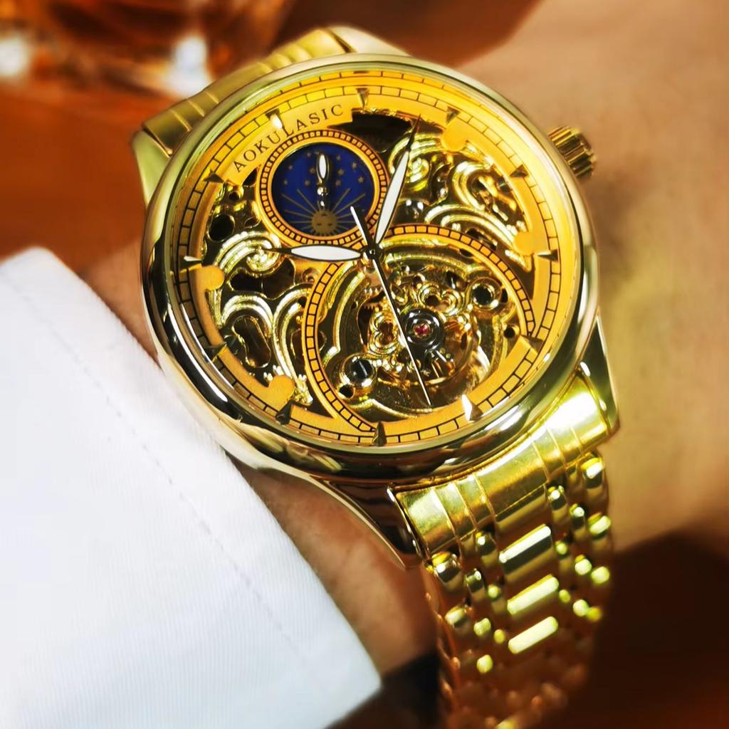 Gold Vintage Moon Phase Automatic Watch for Men Tourbillon Skeleton Luminous Hands Luxury Brand Mechanical Watches Steel Strap