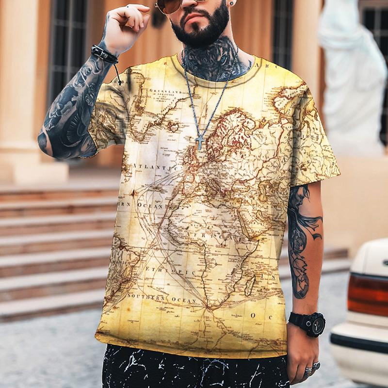 Hip-hop Retro Map Coordinate Tričko Pánské 3D strojový potisk Tričko nadměrné velikosti Street Summer Krátký rukáv 2022 Značka Top