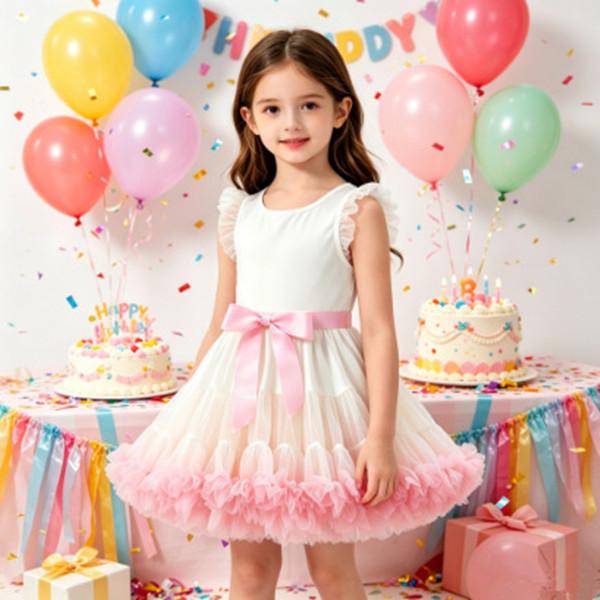 Kids Puffy Tulle Tutu Skirt, Separate Princess Skirt with Pink Bow Elastic Waist for Birthday Party