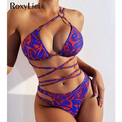 Potištěná zavinovačka kolem jednoho ramene Bikiny Dámské Plavky Dámské Plavky Dvoudílné Bikiny Souprava Koupání Plavky Dámská