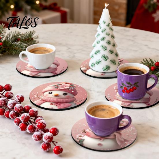 Rutschfeste Holzmatten 4/6 Stück Weihnachts-Tier-Untersetzer, Festliche Karomuster-Blumen-Runde Getränkebecher-Untersetzer Matten, Tischdekorationen für Zuhause Büro