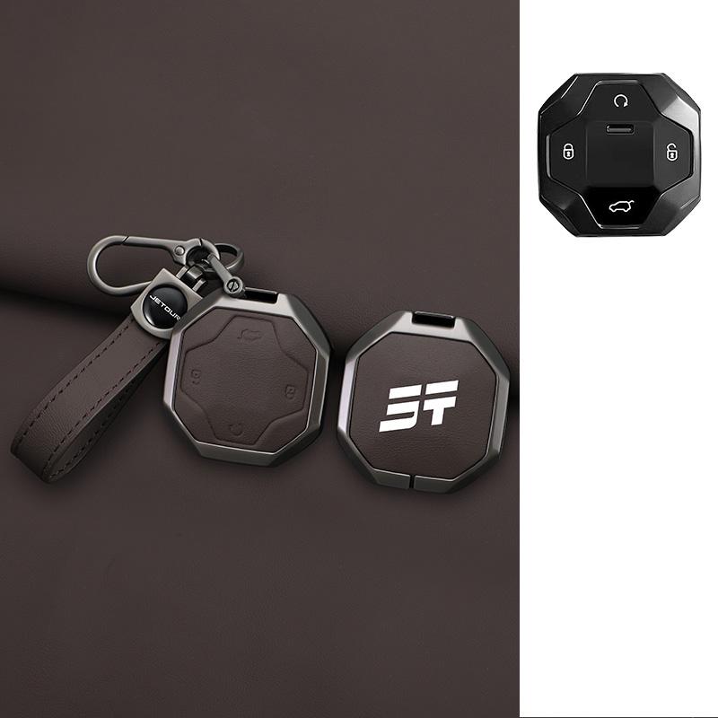 Auto Key Fob Cover Case Mount Housing Fit For Chery Auto Jetour Traveller Jetour T2 Zinc Alloy Genuine Leather Protect Key Ring Auto Accessories