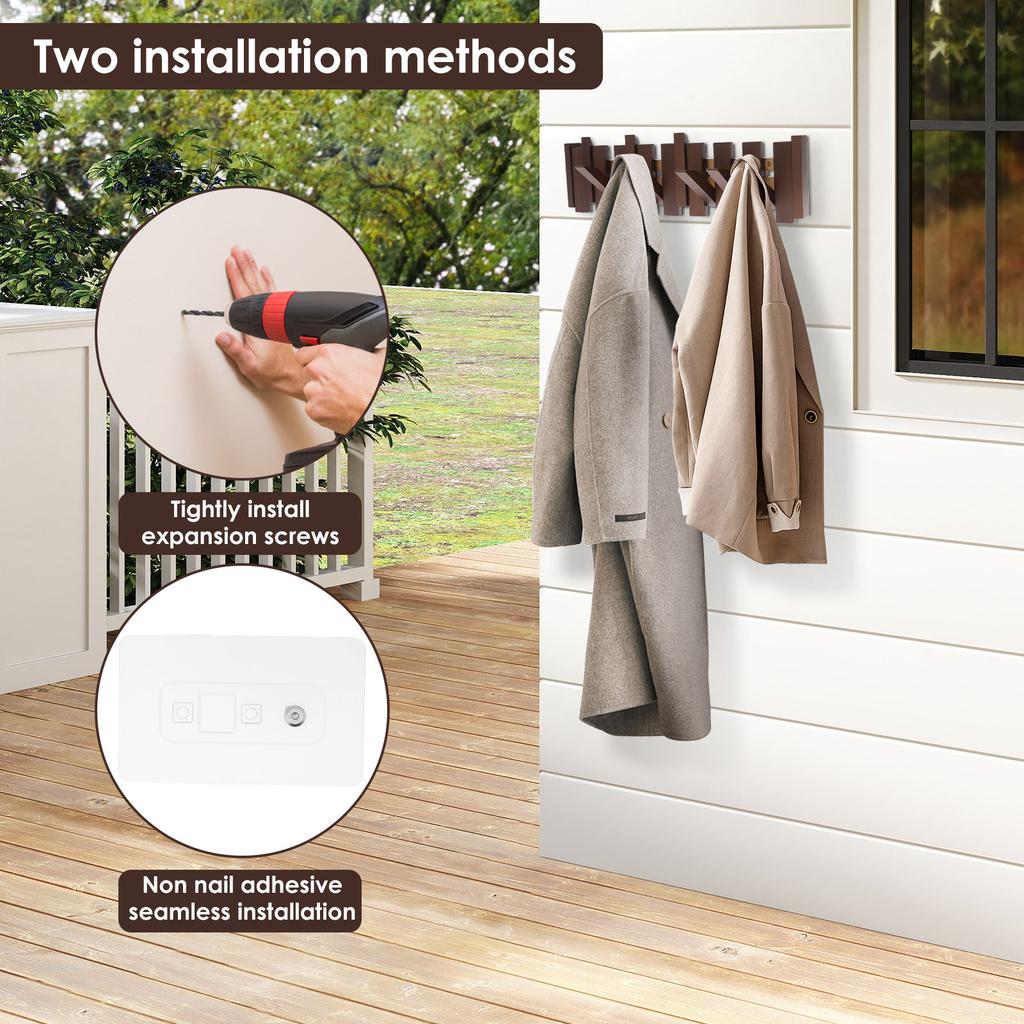 Wall Mounted Piano Coat Rack Wooden Hallway Wall Hooks with 8 Hooks Space Saving Flip Down Wall Hook for Home Entryway Bathroom